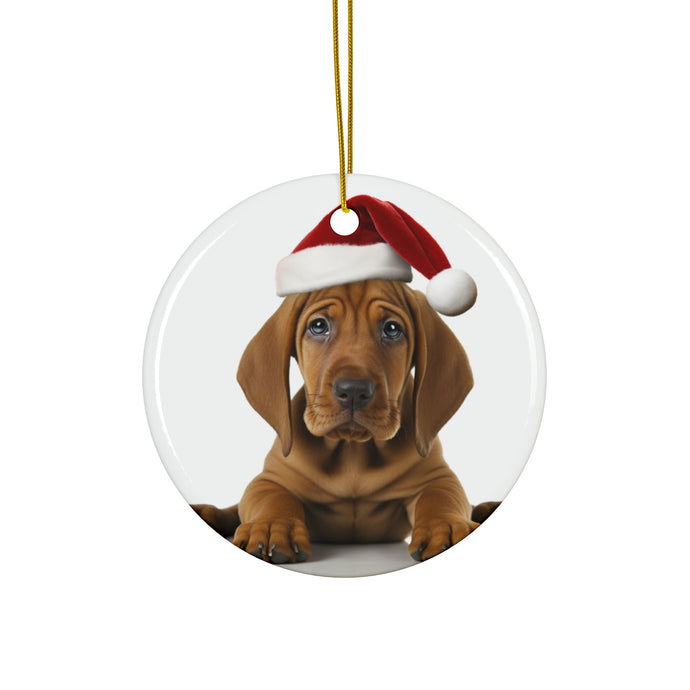 DistinctInk Hanging Ceramic Christmas Tree Ornament with Gold String - Great Gift/Present - 2 3/4 inch Diameter - Redbone Coonhound Puppy Design