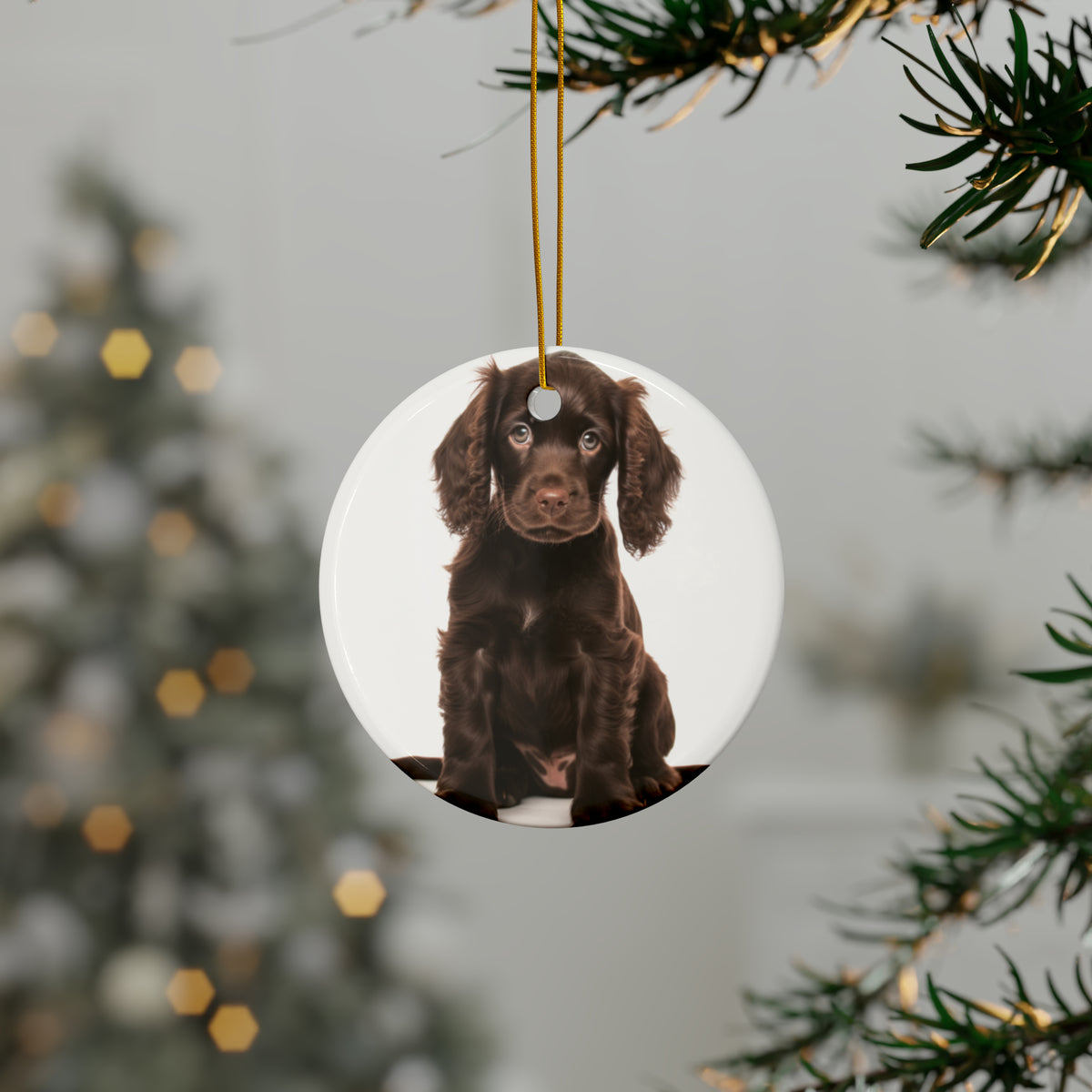 Hanging Ceramic Christmas Tree Ornament with Gold String - Boykin Spaniel Puppy Design, view 3