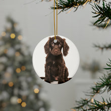 DistinctInk Hanging Ceramic Christmas Tree Ornament with Gold String - Great Gift/Present - 2 3/4 inch Diameter - Boykin Spaniel Puppy Design