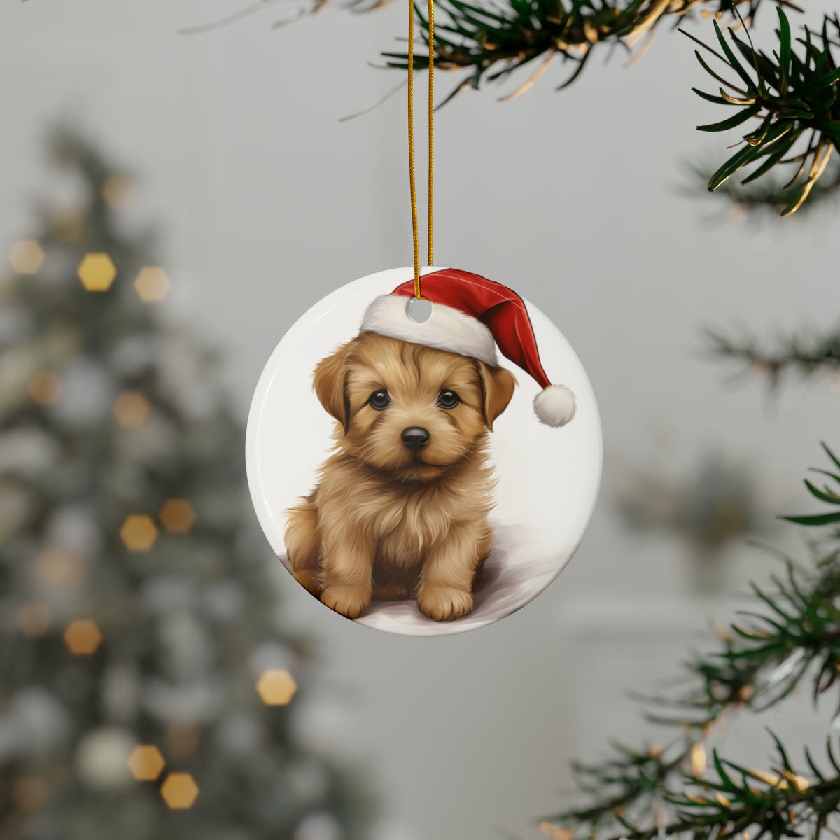 Hanging Ceramic Christmas Tree Ornament with Gold String - Norfolk Terrier Puppy Drawing Design, view 3