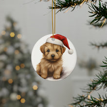 DistinctInk Hanging Ceramic Christmas Tree Ornament with Gold String - Great Gift/Present - 2 3/4 inch Diameter - Norfolk Terrier Puppy Drawing Design