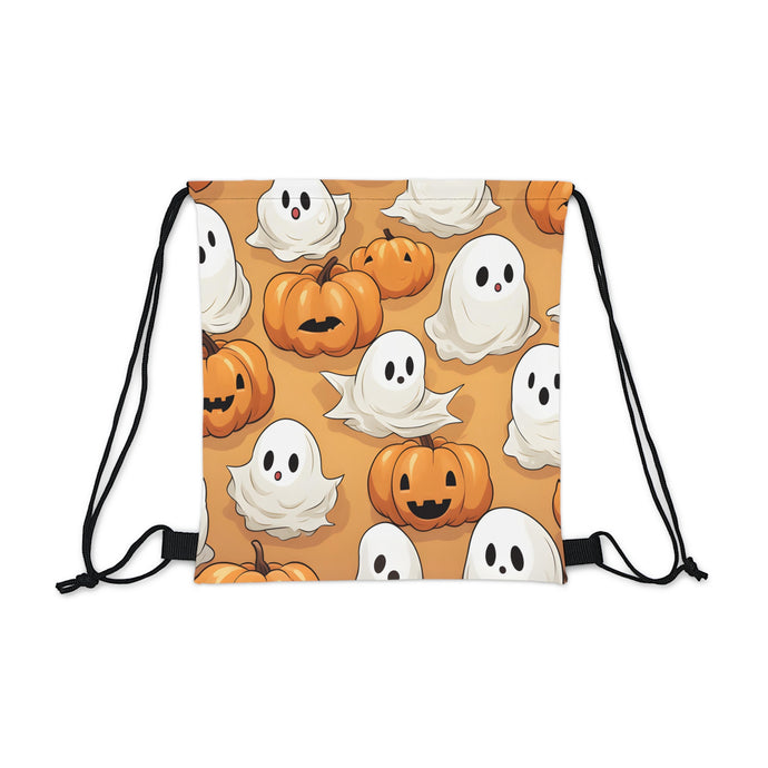 DistinctInk Drawstring Bag / Backpack with Ghostly Skeleton Pumpkin Patch Design for Halloween