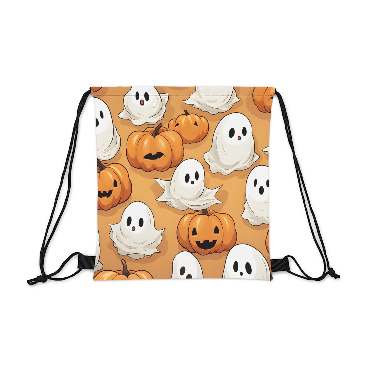 DistinctInk Drawstring Bag / Backpack with Ghostly Skeleton Pumpkin Patch Design for Halloween