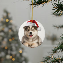 DistinctInk Hanging Ceramic Christmas Tree Ornament with Gold String - Great Gift/Present - 2 3/4 inch Diameter - Alaskan Malamute Puppy Design