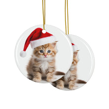 DistinctInk Hanging Ceramic Christmas Tree Ornament with Gold String - Great Gift/Present - 2 3/4 inch Diameter - LaPerm Kitten Design