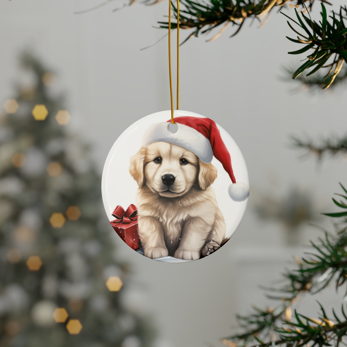 Hanging Ceramic Christmas Tree Ornament with Gold String - Kuvaszok Puppy Drawing Design, view 3