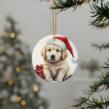 DistinctInk Hanging Ceramic Christmas Tree Ornament with Gold String - Great Gift/Present - 2 3/4 inch Diameter - Kuvaszok Puppy Drawing Design