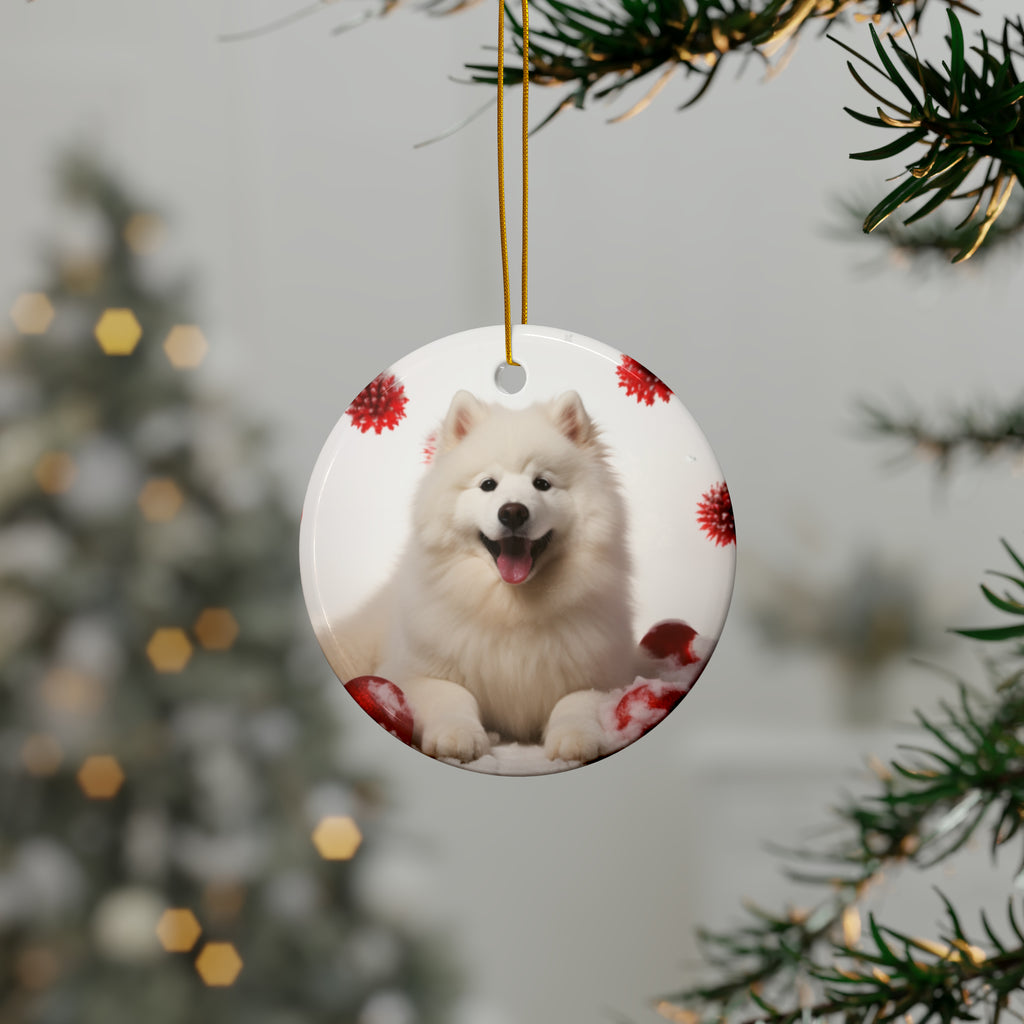 Hanging Ceramic Christmas Tree Ornament with Gold String - Samoyed Design, view 3