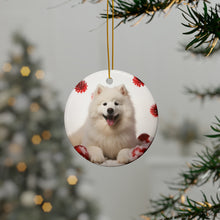DistinctInk Hanging Ceramic Christmas Tree Ornament with Gold String - Great Gift/Present - 2 3/4 inch Diameter - Samoyed Design