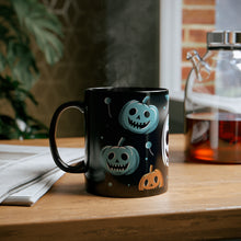 DistinctInk Black Coffee Mug - Skele-Ghostly Pumpkin Patch for Halloween