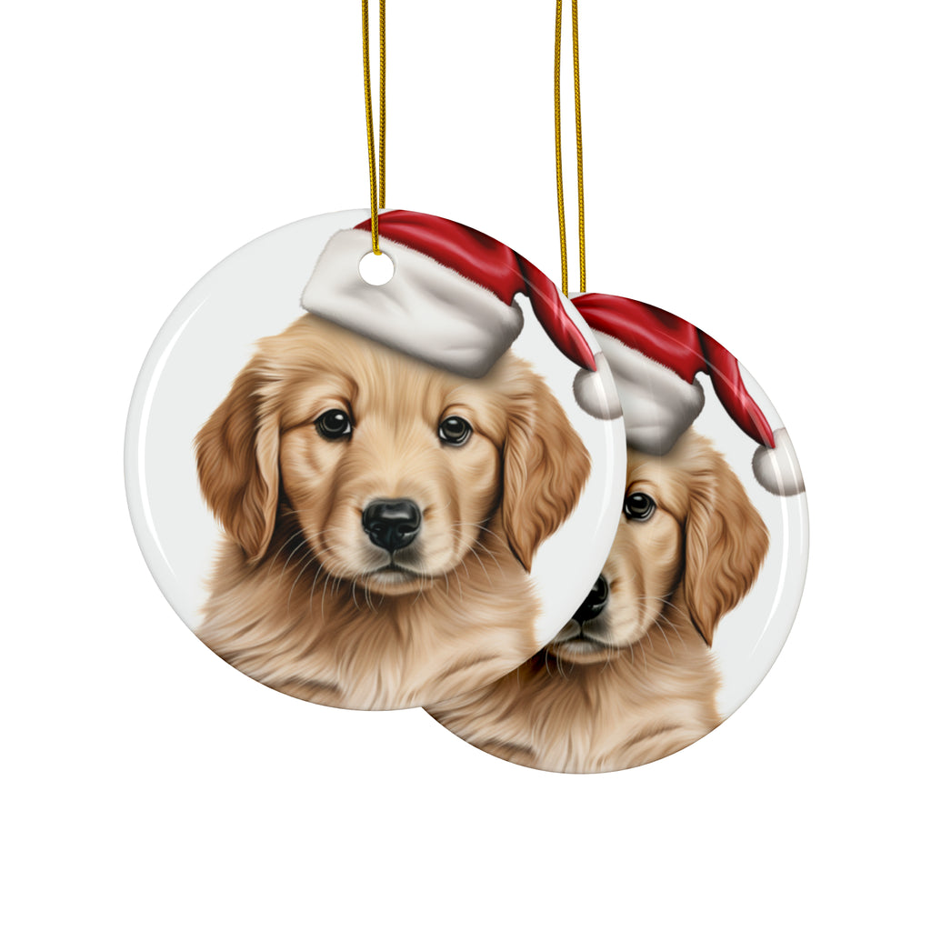 Hanging Ceramic Christmas Tree Ornament with Gold String - Golden Retriever Puppy Drawing Design, view 2