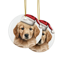 DistinctInk Hanging Ceramic Christmas Tree Ornament with Gold String - Great Gift/Present - 2 3/4 inch Diameter - Golden Retriever Puppy Drawing Design