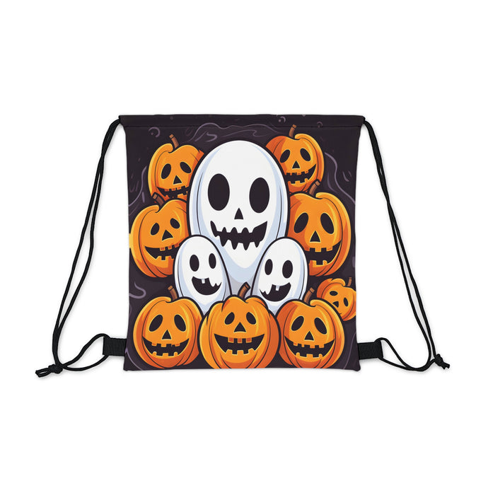 DistinctInk Drawstring Bag / Backpack with Skele-Pumpkin Ghost Pattern Design for Halloween