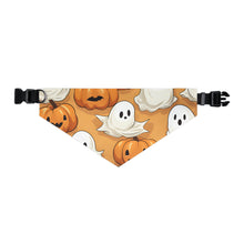 DistinctInk Adjustable Pet Banana Collar with Ghostly Skeleton Pumpkin Patch Design for Halloween