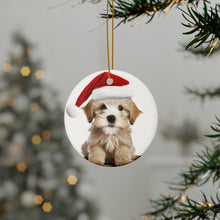 DistinctInk Hanging Ceramic Christmas Tree Ornament with Gold String - Great Gift/Present - 2 3/4 inch Diameter - Dandie Dinmont Terrier Puppy Design