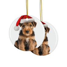 DistinctInk Hanging Ceramic Christmas Tree Ornament with Gold String - Great Gift/Present - 2 3/4 inch Diameter - Welsh Terrier Puppy Design