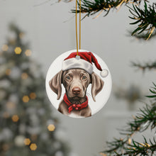DistinctInk Hanging Ceramic Christmas Tree Ornament with Gold String - Great Gift/Present - 2 3/4 inch Diameter - Weimaraner Puppy Drawing Design