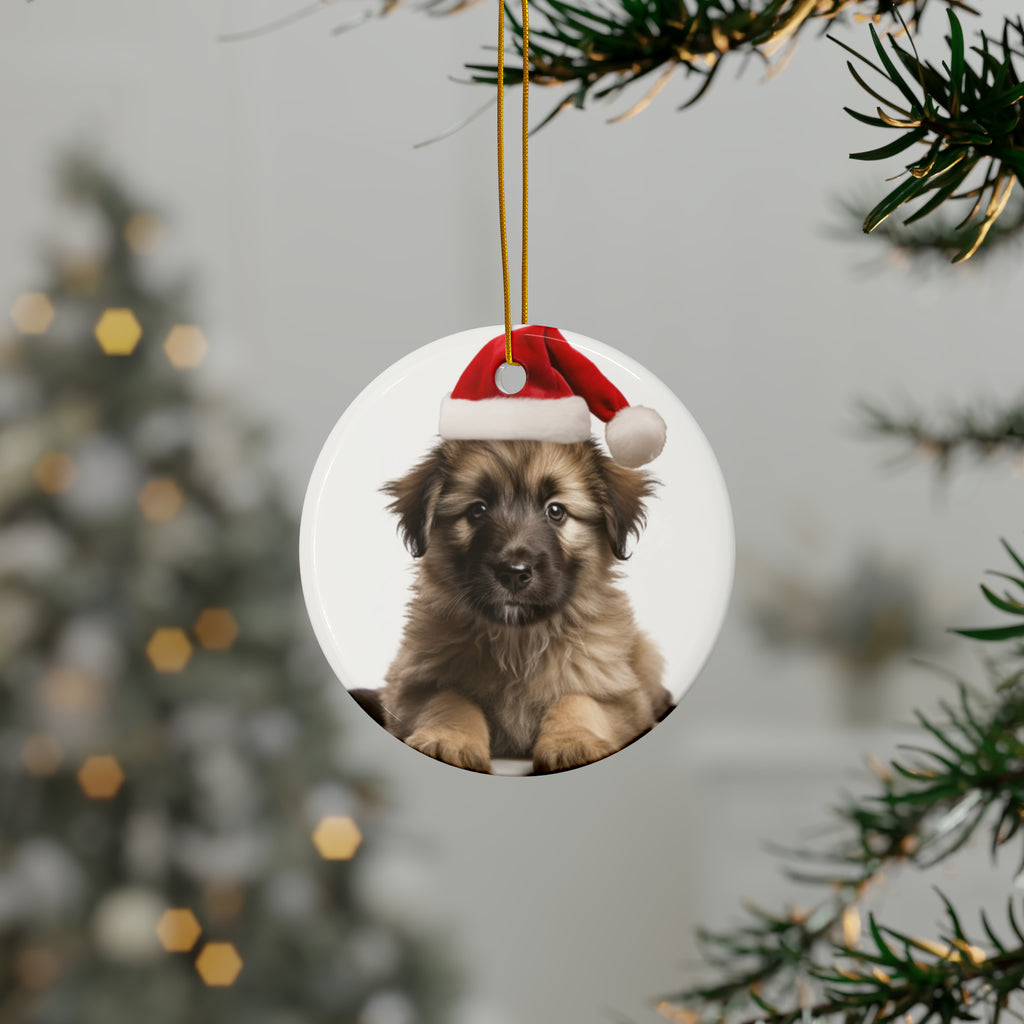 Hanging Ceramic Christmas Tree Ornament with Gold String - Pyrenean Shepherd Puppy Design, view 3