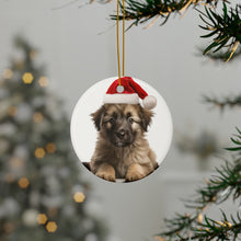 DistinctInk Hanging Ceramic Christmas Tree Ornament with Gold String - Great Gift/Present - 2 3/4 inch Diameter - Pyrenean Shepherd Puppy Design
