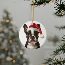 DistinctInk Hanging Ceramic Christmas Tree Ornament with Gold String - Great Gift/Present - 2 3/4 inch Diameter - Boston Terrier Design