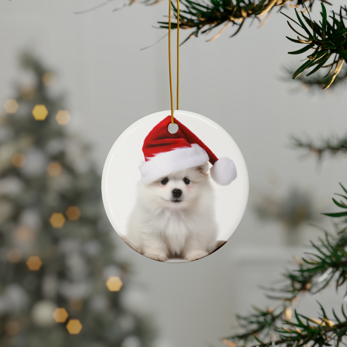 Hanging Ceramic Christmas Tree Ornament with Gold String - Pumik Puppy Design, view 3