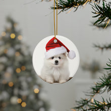 DistinctInk Hanging Ceramic Christmas Tree Ornament with Gold String - Great Gift/Present - 2 3/4 inch Diameter - Pumik Puppy Design