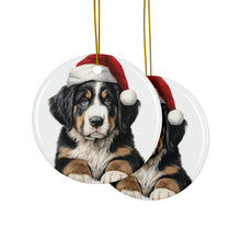 DistinctInk Hanging Ceramic Christmas Tree Ornament with Gold String - Great Gift/Present - 2 3/4 inch Diameter - Greater Swis Mountain Dog Puppy Drawing Design