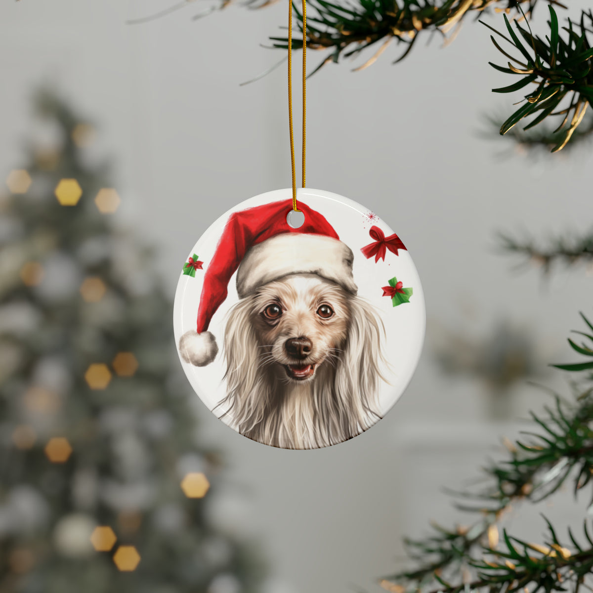 Hanging Ceramic Christmas Tree Ornament with Gold String - Chinese Crested Design, view 3