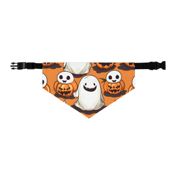 DistinctInk Adjustable Pet Banana Collar with Skeletal Ghost in a Pumpkin Design for Halloween