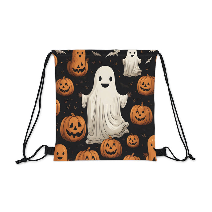 DistinctInk Drawstring Bag / Backpack with Ghastly Skeleton Pumpkin Design for Halloween