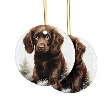 DistinctInk Hanging Ceramic Christmas Tree Ornament with Gold String - Great Gift/Present - 2 3/4 inch Diameter - Boykin Spaniel Puppy Drawing Design
