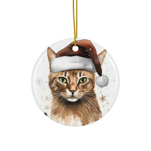 DistinctInk Hanging Ceramic Christmas Tree Ornament with Gold String - Great Gift/Present - 2 3/4 inch Diameter - Havana Brown Cat Design