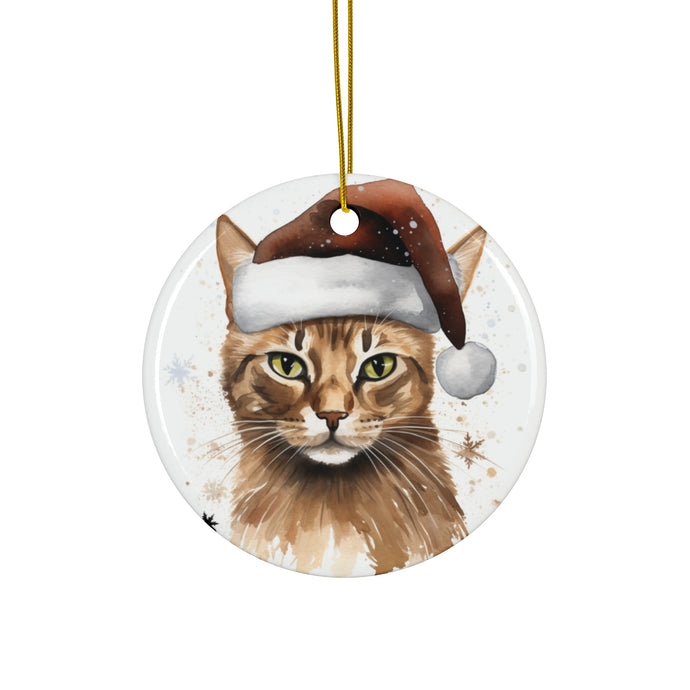 DistinctInk Hanging Ceramic Christmas Tree Ornament with Gold String - Great Gift/Present - 2 3/4 inch Diameter - Havana Brown Cat Design