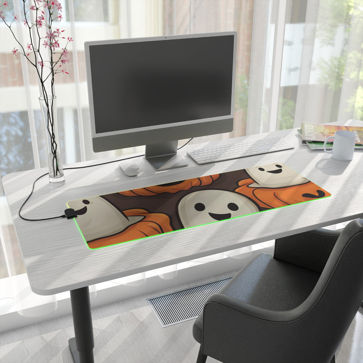 LED Gaming Mouse Pad with Haunted Skeleton Pumpkin Patch Design for Halloween, view 22