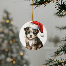 DistinctInk Hanging Ceramic Christmas Tree Ornament with Gold String - Great Gift/Present - 2 3/4 inch Diameter - Biewer Terrier Puppy Drawing Design