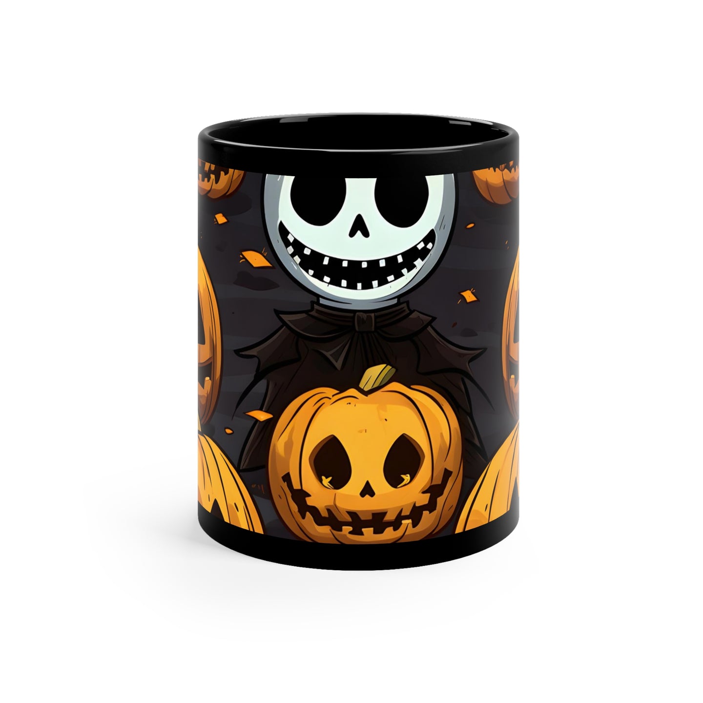 DistinctInk Black Coffee Mug - Ghastly Skeleton Pumpkins for Halloween