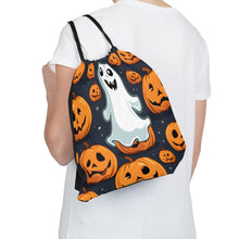 DistinctInk Drawstring Bag / Backpack with Ghost Skeleton Spooky Pumpkins Design for Halloween