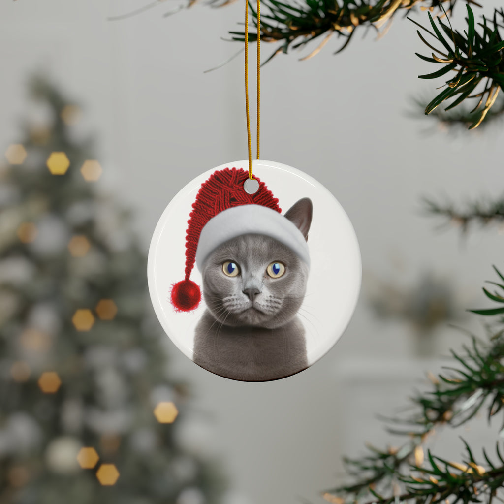Hanging Ceramic Christmas Tree Ornament with Gold String - Russian Blue Cat Design, view 3
