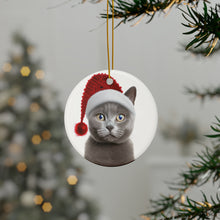 DistinctInk Hanging Ceramic Christmas Tree Ornament with Gold String - Great Gift/Present - 2 3/4 inch Diameter - Russian Blue Cat Design