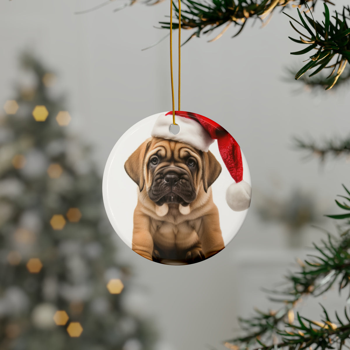 Hanging Ceramic Christmas Tree Ornament with Gold String - Mastiff Puppy Design, view 3