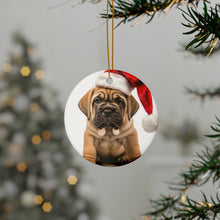 DistinctInk Hanging Ceramic Christmas Tree Ornament with Gold String - Great Gift/Present - 2 3/4 inch Diameter - Mastiff Puppy Design