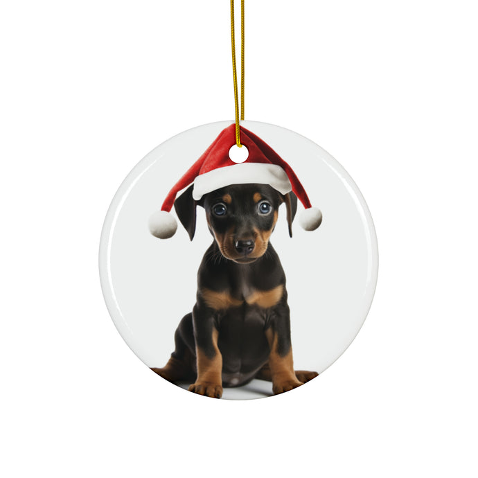 DistinctInk Hanging Ceramic Christmas Tree Ornament with Gold String - Great Gift/Present - 2 3/4 inch Diameter - German Pinscher Puppy Design