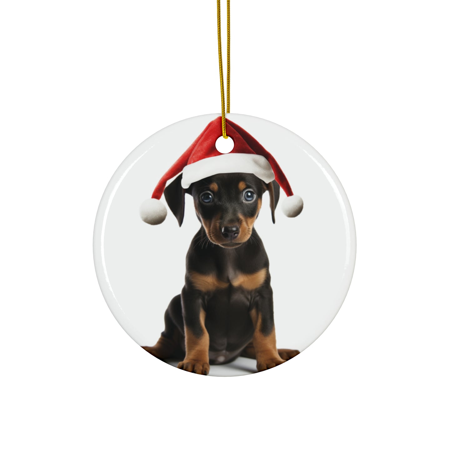 DistinctInk Hanging Ceramic Christmas Tree Ornament with Gold String - Great Gift/Present - 2 3/4 inch Diameter - German Pinscher Puppy Design