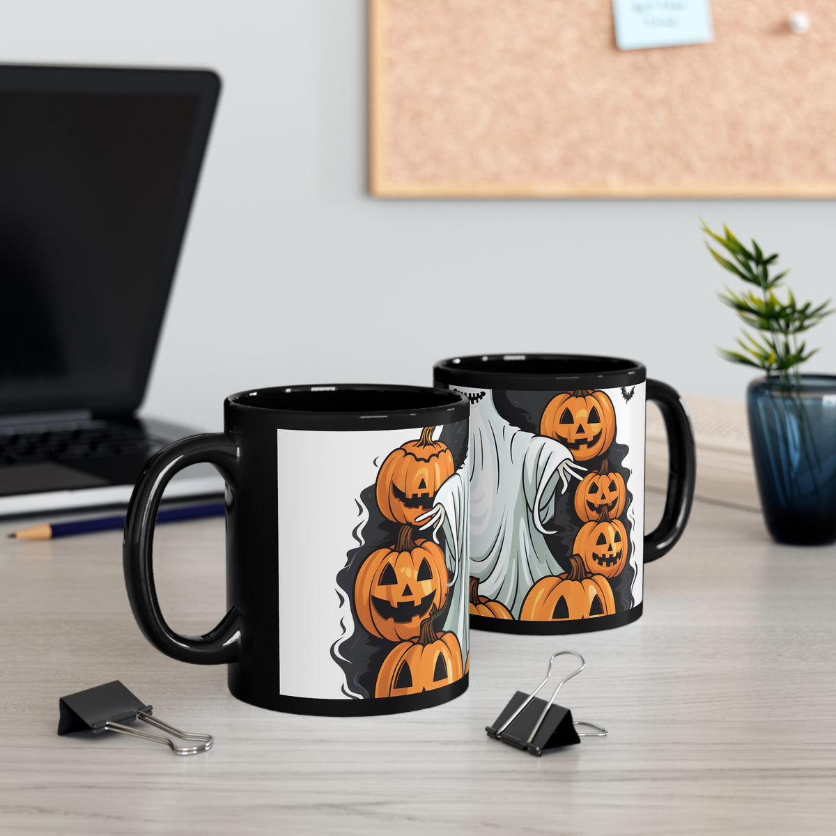 Black Coffee Mug - Ghost Skeleton Pumpkins Pattern for Halloween, view 5