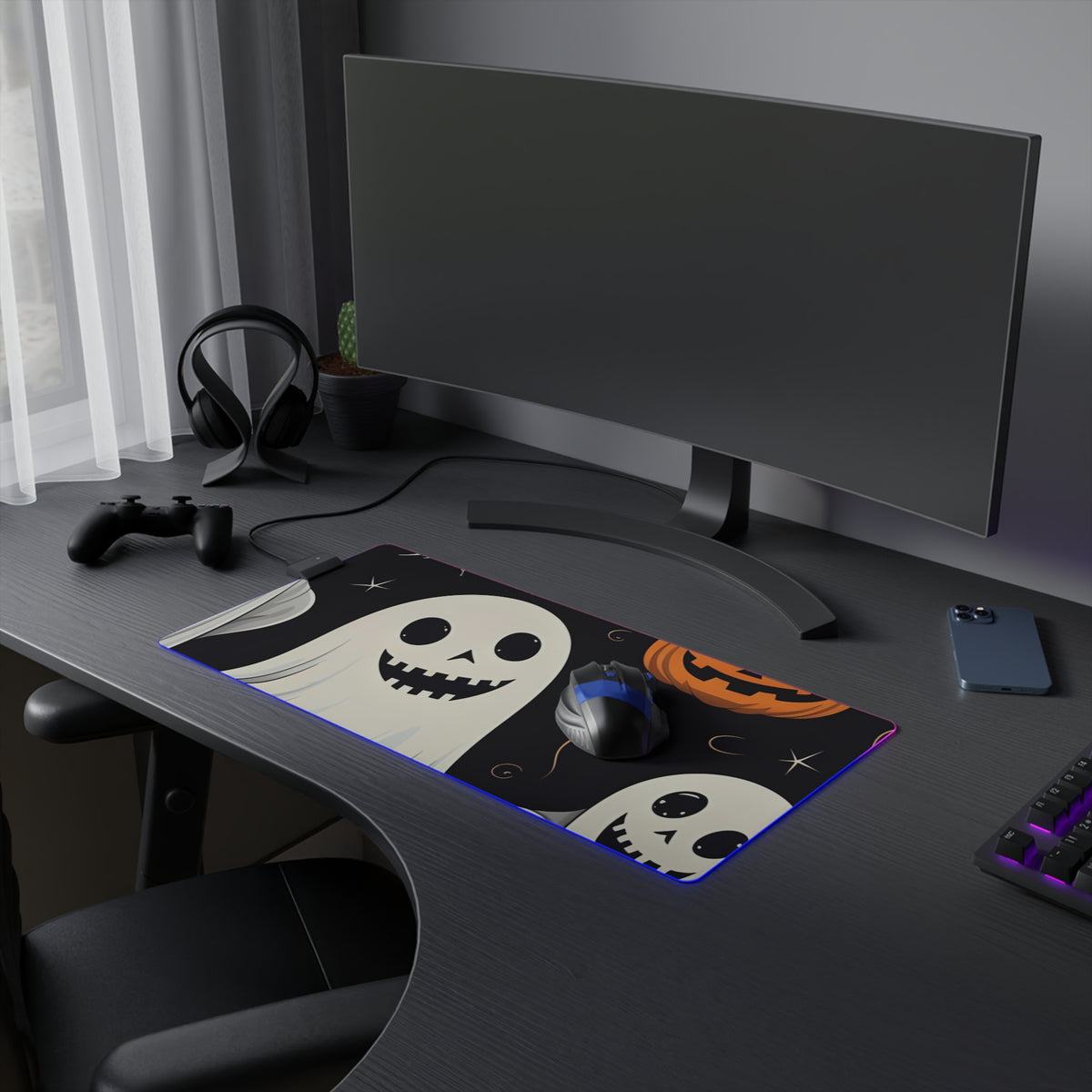 LED Gaming Mouse Pad with Spooky Skeleton Pumpkin Patch Design for Halloween, view 9