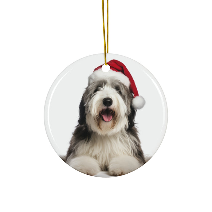 DistinctInk Hanging Ceramic Christmas Tree Ornament with Gold String - Great Gift/Present - 2 3/4 inch Diameter - Old English Sheepdog Design