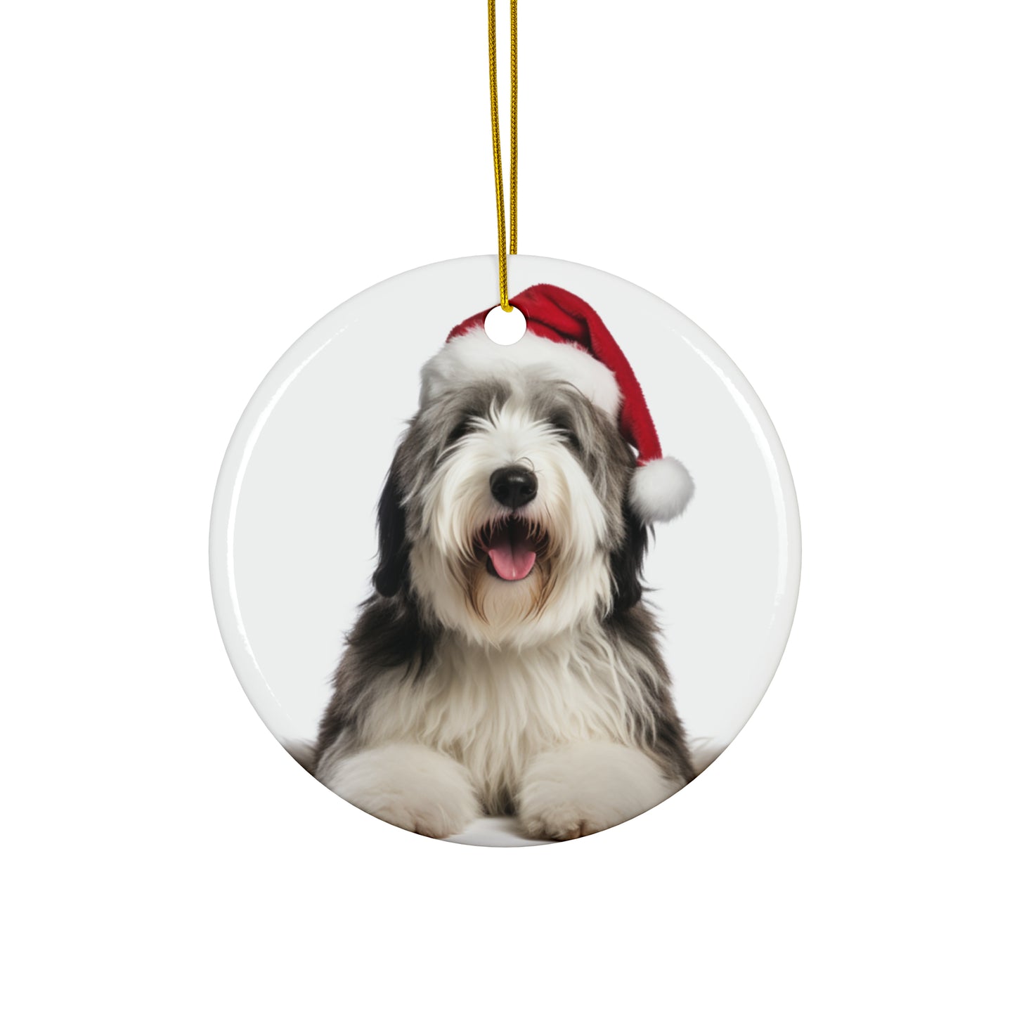 DistinctInk Hanging Ceramic Christmas Tree Ornament with Gold String - Great Gift/Present - 2 3/4 inch Diameter - Old English Sheepdog Design
