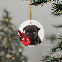 DistinctInk Hanging Ceramic Christmas Tree Ornament with Gold String - Great Gift/Present - 2 3/4 inch Diameter - Affenpinscher Puppy Design