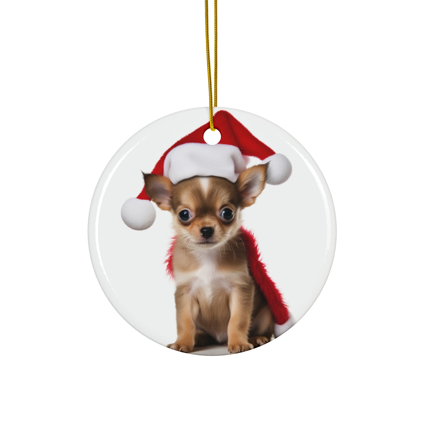 DistinctInk Hanging Ceramic Christmas Tree Ornament with Gold String - Great Gift/Present - 2 3/4 inch Diameter - Chihuahua Puppy Design