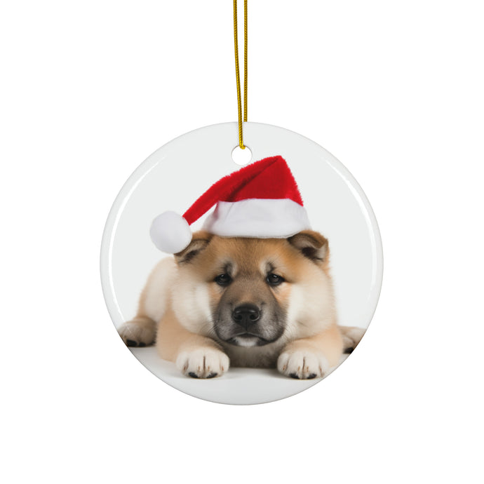 DistinctInk Hanging Ceramic Christmas Tree Ornament with Gold String - Great Gift/Present - 2 3/4 inch Diameter - Akita Puppy Design